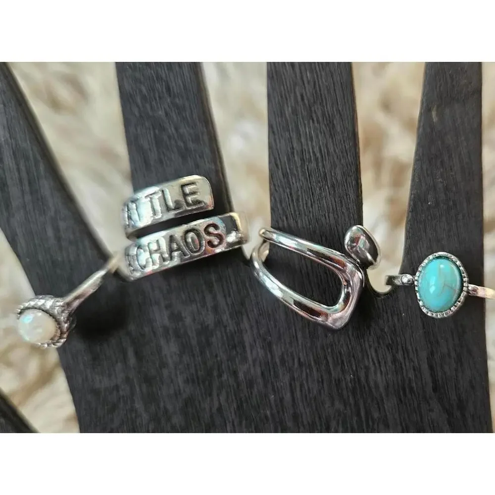 Set of‎ Five Women's Silver Tone Rings with Turquoise and Opal Stones Brand New